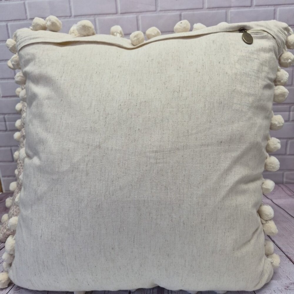 Pier 1 Decorative Pom Pom Throw Pillows Woven Pattern Neutral Colors 18x18in - Picture 4 of 5